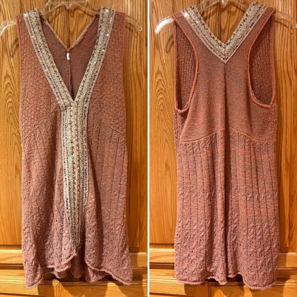 Vintage Free People Embellished Sweater Vest Tunic Top Dress Dusty Rose Sz Small